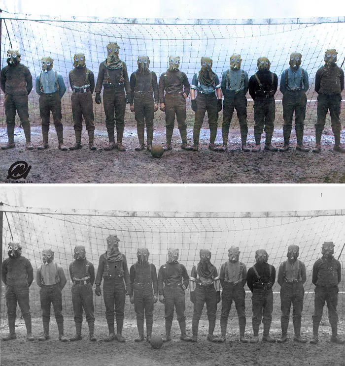 Soccer Team Of British WWI Soldiers Wearing Gas Masks, France, 1916