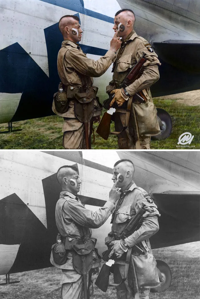 Filthy Thirteen Member Clarence Ware Applies War Paint To Charles Plaudo. England, 31 December 1943
