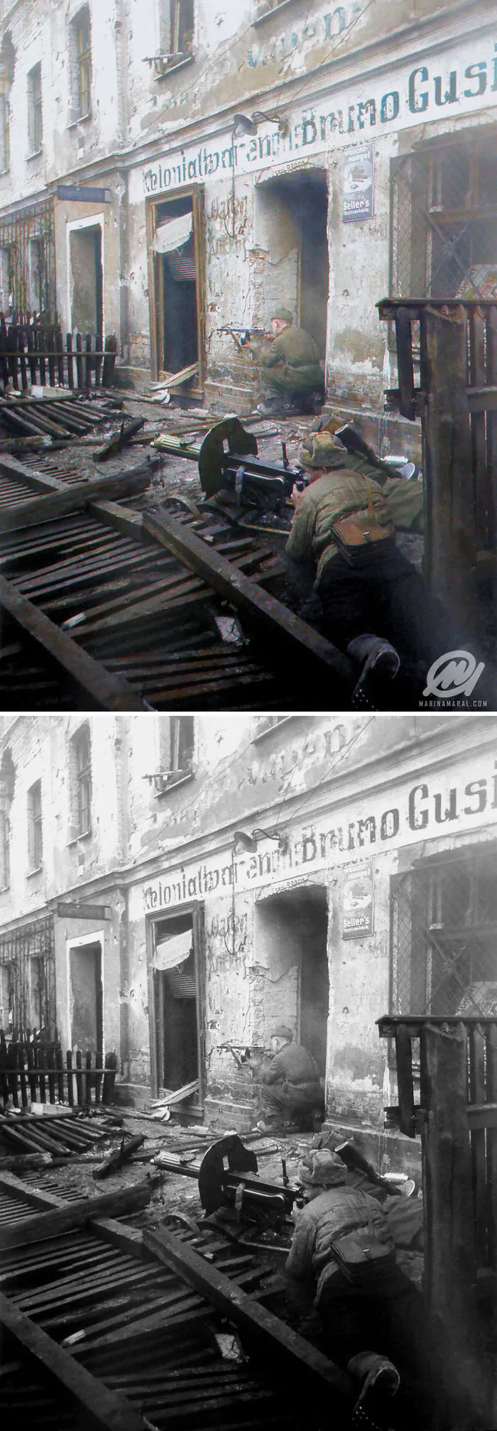 Soviet Army Soldiers Manning A Maxim Machine Gun (Lower Right) And Two Others, One In A Doorway And One In A Second-Floor Window, Take Aim At German Positions During The Battle Of Berlin. May 1945