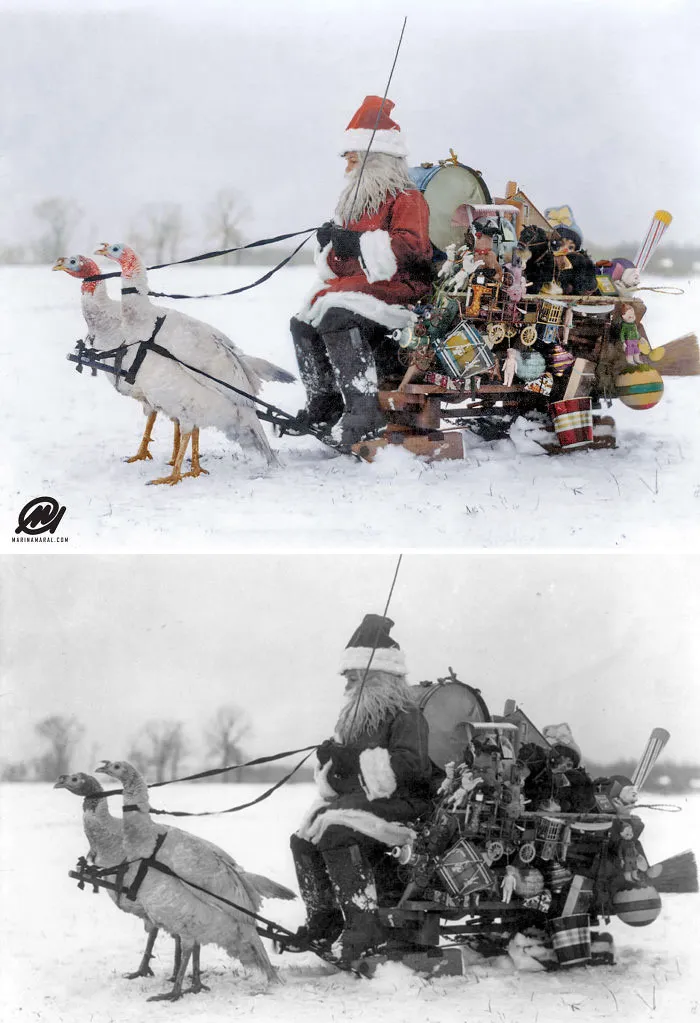 Santa Claus With Christmas Toys On A Sled Drawn By White Turkeys, 1909