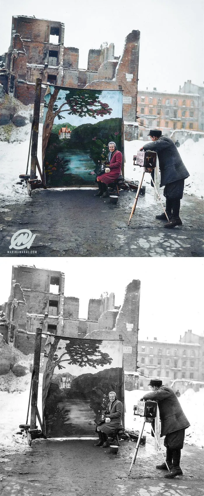 Fotógrafo usando su fondo sobre las ruinas de Varsovia, Noviembre 1946