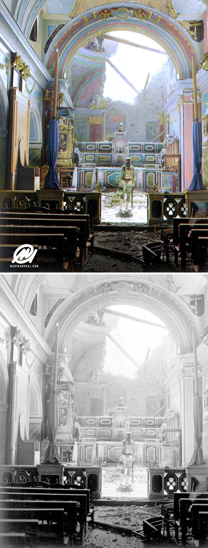 Soldado Paul Oglesby ante un altar en una iglesia católica destrozada. Acerno, Italia, Septiembre 1943