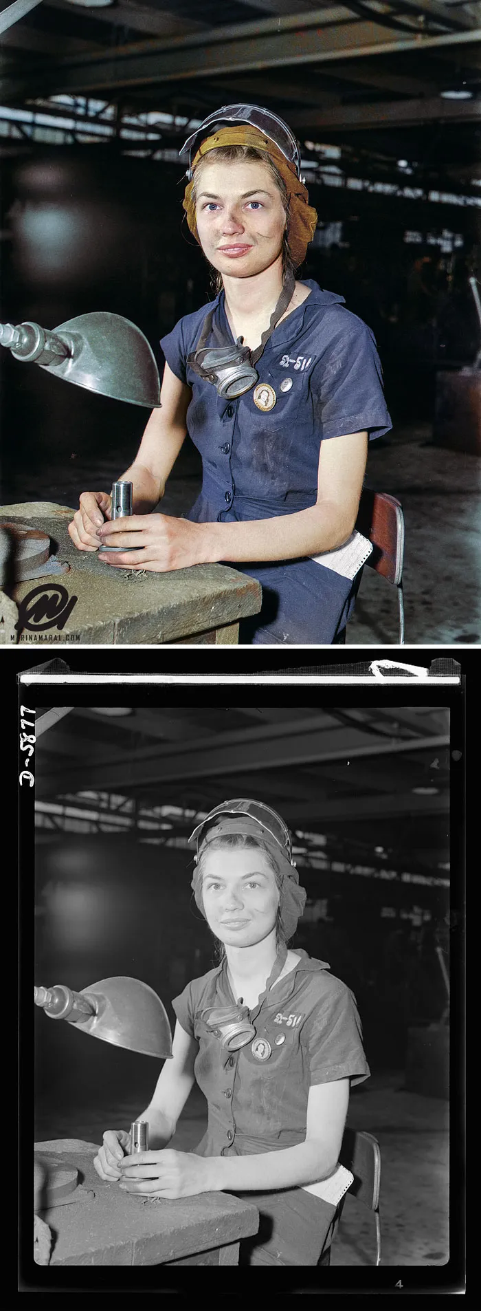 Eunice Hancock, de 21 años, trabajando en una fábrica de aviones, Agosto 1942