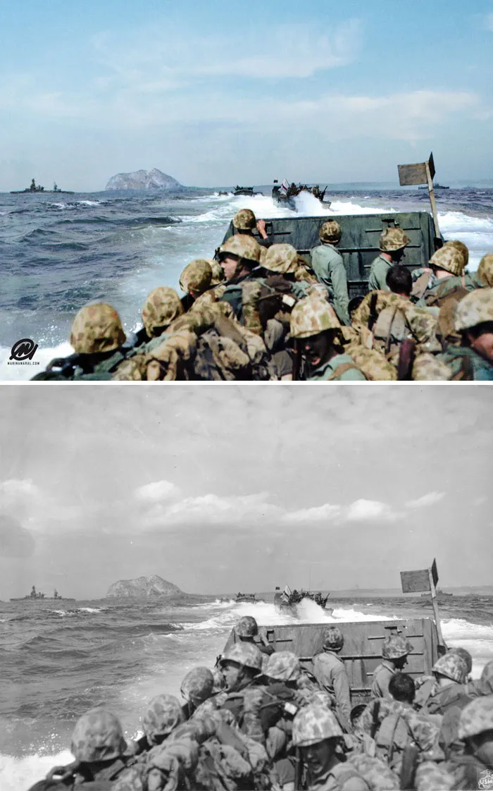 US Marines In An LCVP Approaching Iwo Jima, Japan, 19 Feb 1945