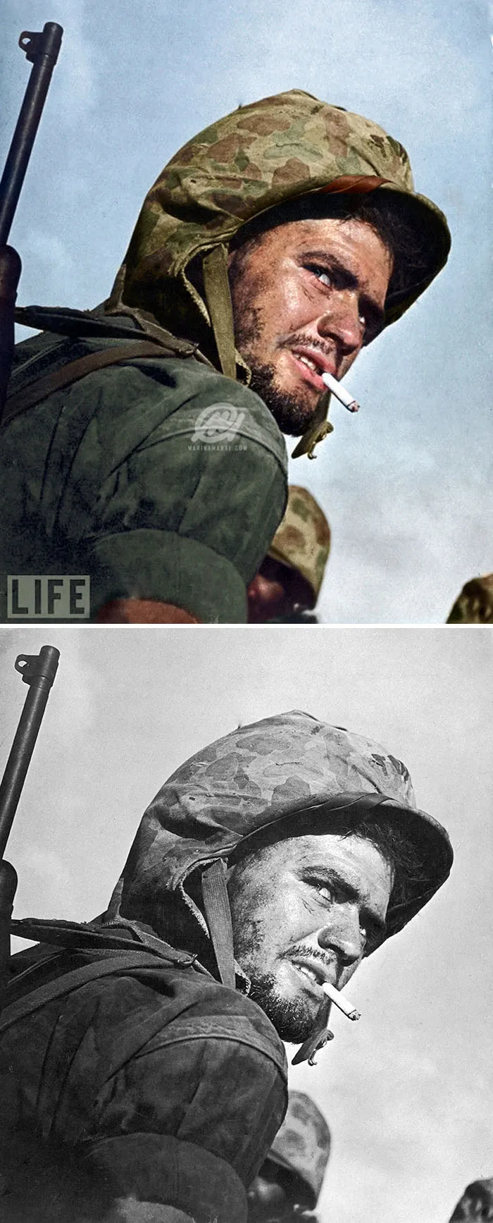 Marine Identified As Sgt Angelo Klonis Smoking A Cigarette During The Final Days Of Fighting To Gain Control Of The Island Of Saipan From Occupying Japanese Forces During WWII, 1944