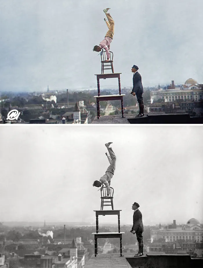 Daredevil John "Jammie" Reynolds Performing Acrobatic And Balancing Acts On High Cornice Above 9th Street, N.W. - 1917