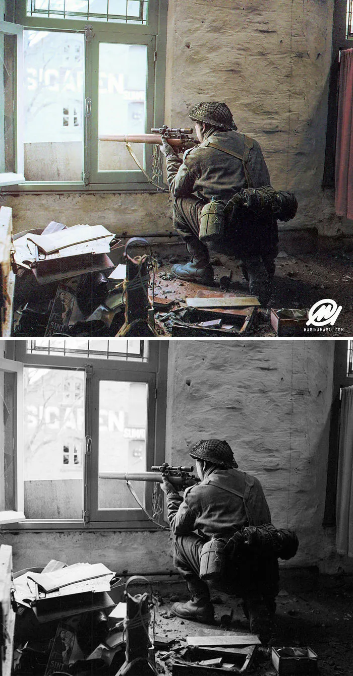 A Sniper From "C" Company, 5th Battalion, The Black Watch In Position In A Ruined Building In Gennep, Holland, 14 February 1945