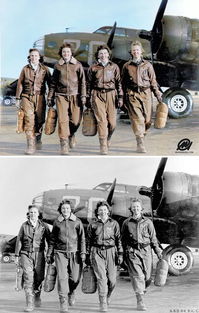 Cuatro pilotos bajándose de su avión en Lockbourne AAF, 1944