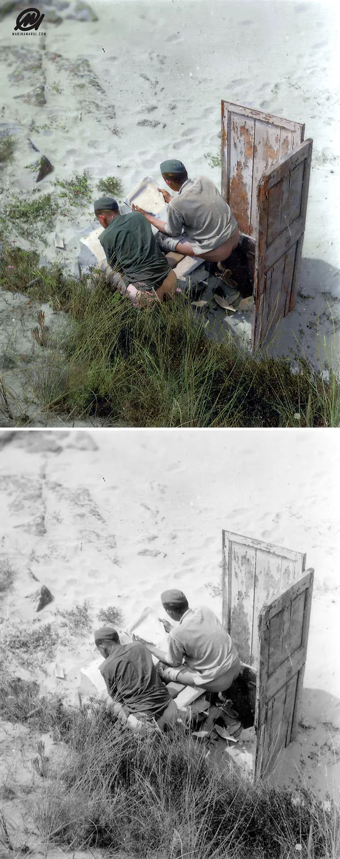 Two German Soldiers Read A Newspaper Before Using It For Another Purpose
