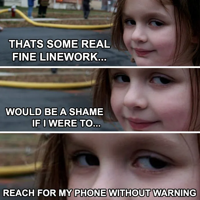 Smirking girl with text about fine linework, humorously referencing tattoo memes.