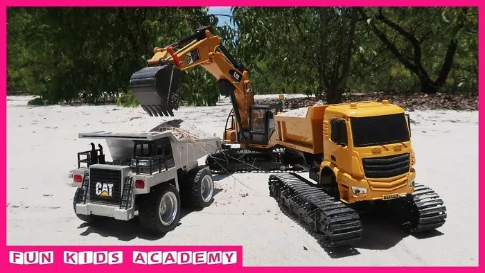 Trucks For Kids - Excavator Cat Working With Truck, Dump Truck, Modified Truck For Children