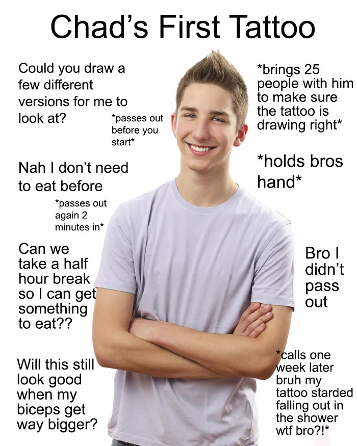 Young man depicted humorously in tattoo meme, with captions about his first tattoo experience.