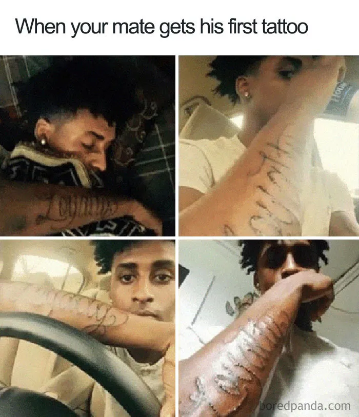 Funny tattoo meme collage of a man showing off a new tattoo on his forearm.
