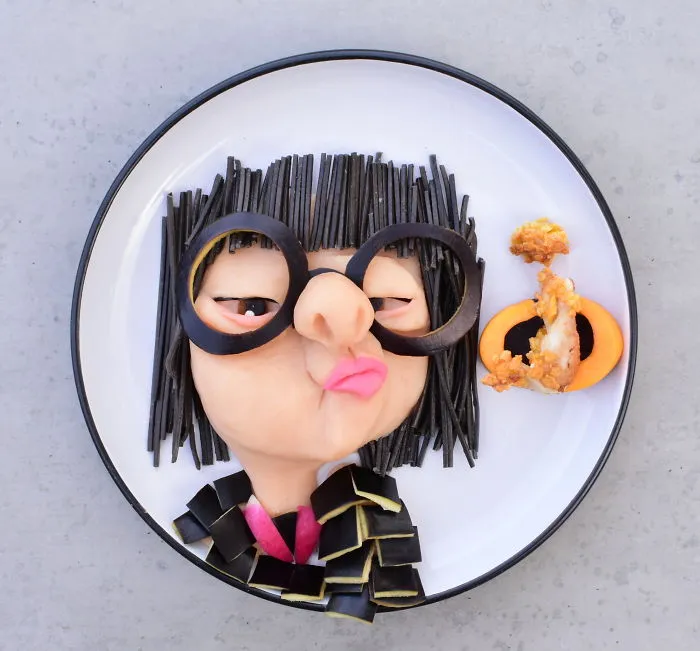 Edna E Mode  - Mash Potato With Squid Ink Pasta And Crumbed Chicken