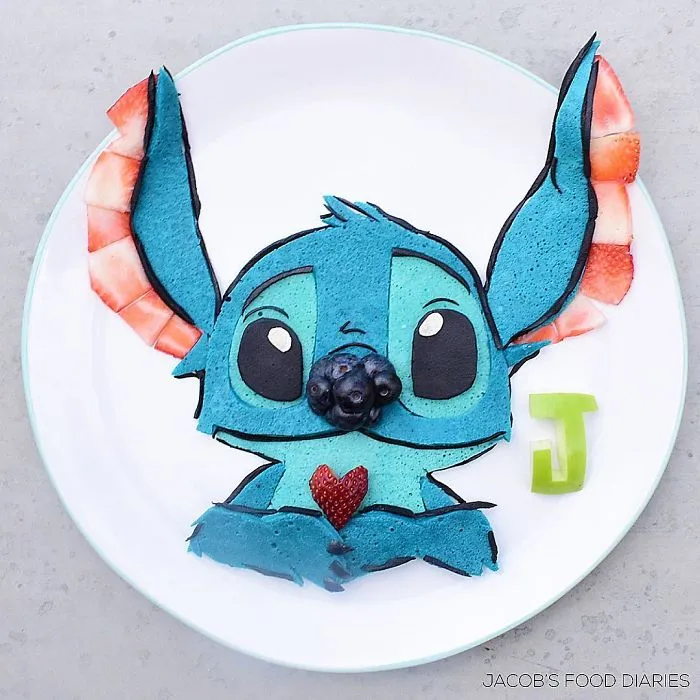 Stitch From Lilo And Stitch - Spelt Pancake (Dyed Using Matcha Blue) And Fruit