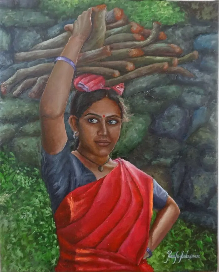 Girl Carrying Woodlog, Oil Paintings For Sale