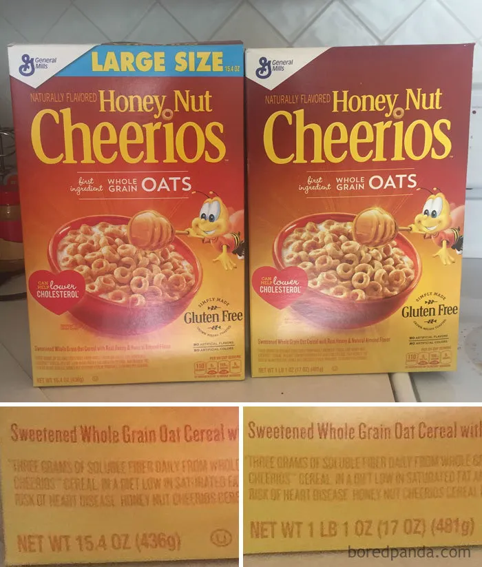 La caja grande de Cheerios en realidad pesa menos que la caja de tamaño normal