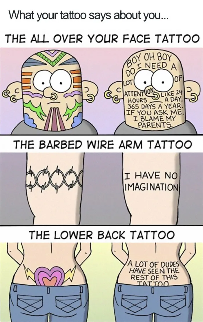 Cartoon illustrating humorous interpretations of different tattoo styles: face, barbed wire arm, and lower back tattoos.