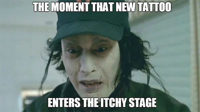 Man looking distressed with text above and below about a tattoo entering the itchy stage; tattoo meme.