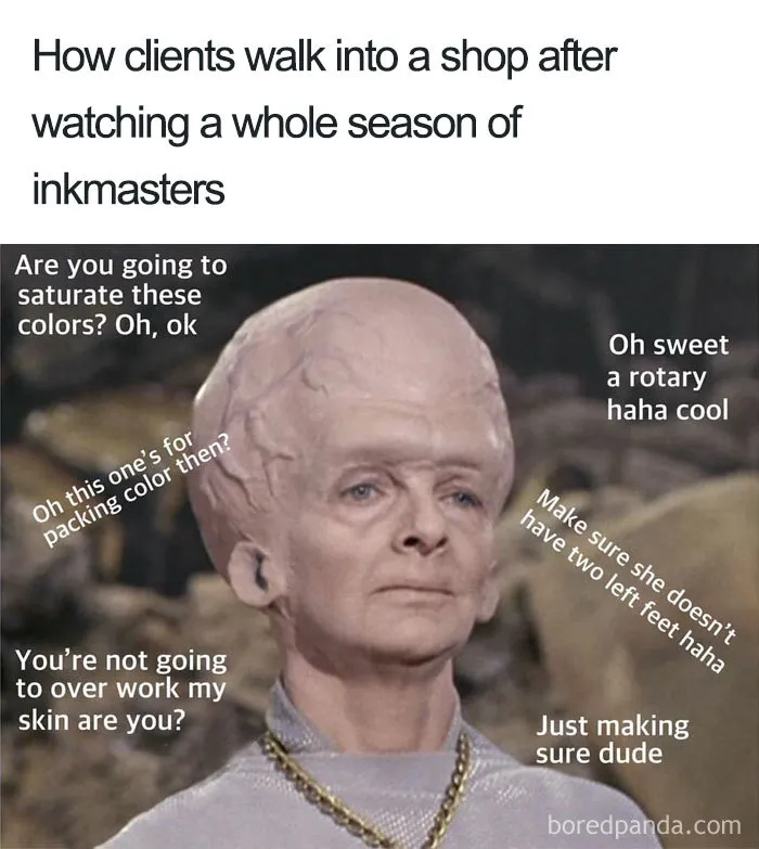 Alien character with text captions about tattoos, referencing a TV show binge on becoming a tattoo expert.