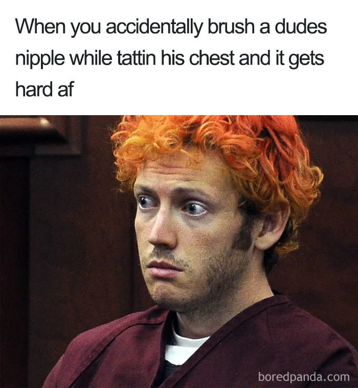 Man with orange hair looking surprised; caption humorously highlights tattoo memes.