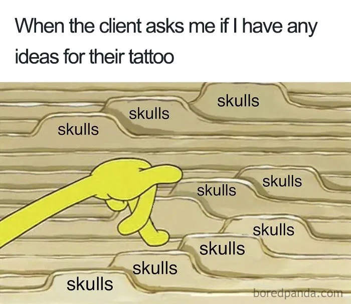 Funny tattoo meme featuring a hand pointing at numerous instances of the word "skulls" in response to a client's query.