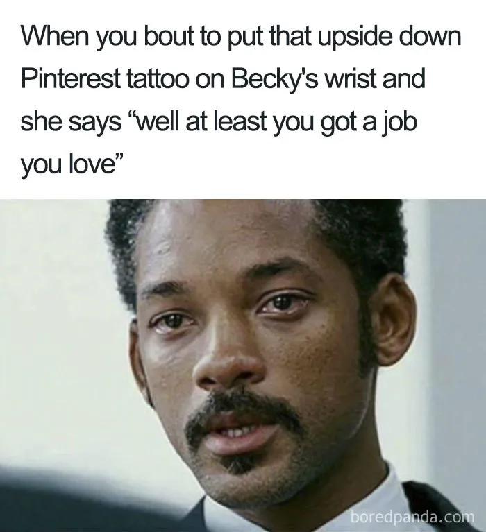 Man reacting emotionally to a tattoo meme joke about job satisfaction.