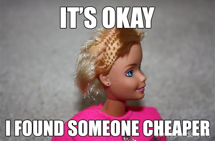 Barbie doll with a humorous caption about hairstylist costs, showcasing a funny hair mishap.