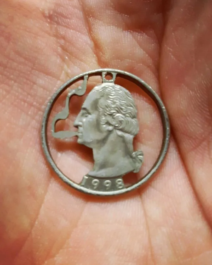 Found A Carved-Out Quarter On The Ground Showing George Washington Smoking Reefer