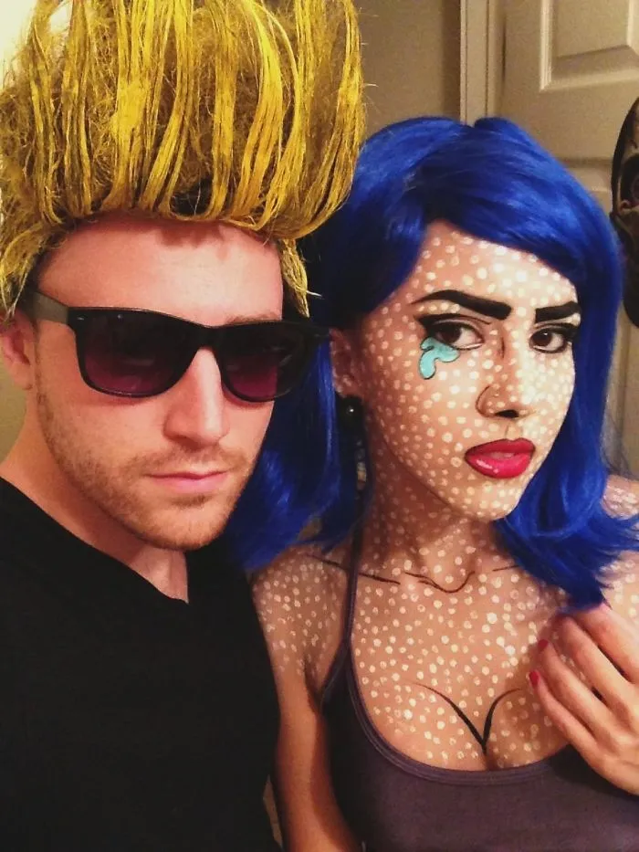 Unique couples Halloween costume ideas featuring Johnny Bravo and a pop art comic book girl character