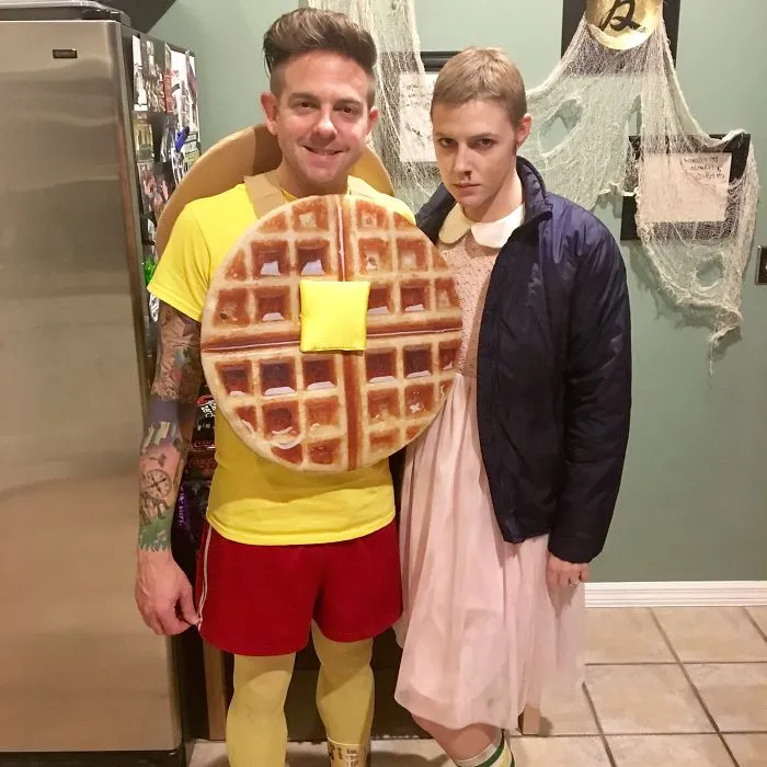 A pair dressed as Eleven and an Eggo waffle, unique couples Halloween costume ideas.