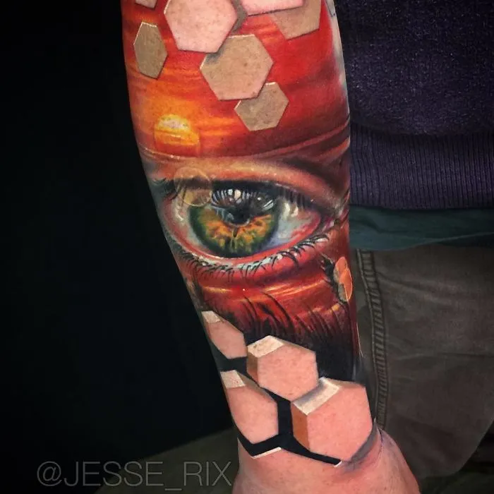 Amazing 3D tattoo of a realistic eye with geometric hexagon patterns on forearm.