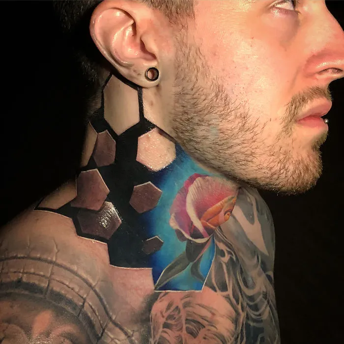 3D tattoo on a man's neck featuring hexagonal patterns and a colorful rose design.