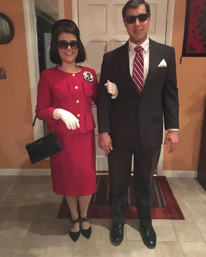 Couples Halloween costume ideas featuring JFK and Jackie Kennedy wearing elegant 1960s outfits and sunglasses.