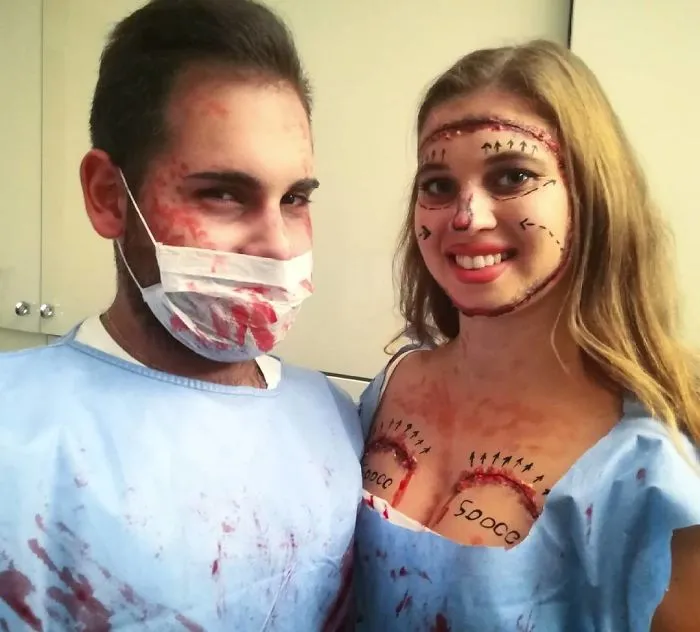 Bloody plastic surgery surgeon and patient couples halloween costume ideas