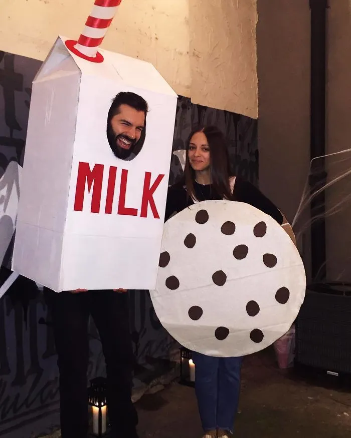 Cute couples halloween costume ideas featuring a milk carton and a chocolate chip cookie