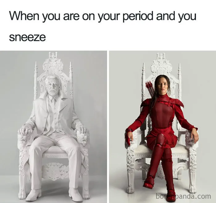 "Funny meme comparing the intensity of sneezing on your period with two contrasting figures on thrones."