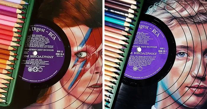 I Create Celebrity Portraits On Used Vinyl Records With Colored Pencils