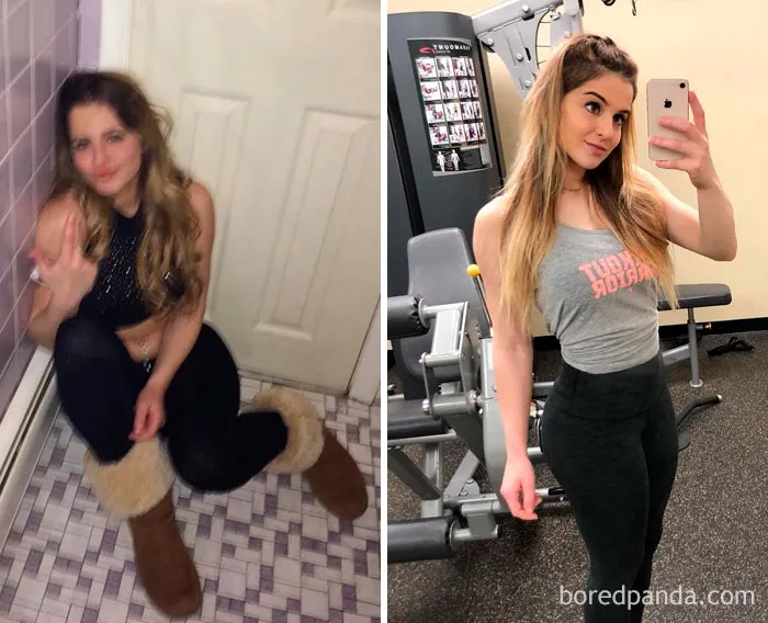 Before and after comparison of a woman highlighting changes from quitting drinking.