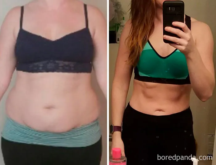 Before and after images showing transformation after stopping drinking, highlighting weight loss and body changes.