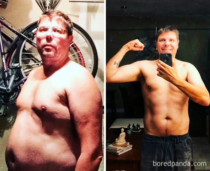 Before and after transformation showing changes when you stop drinking alcohol, featuring a man posing confidently.