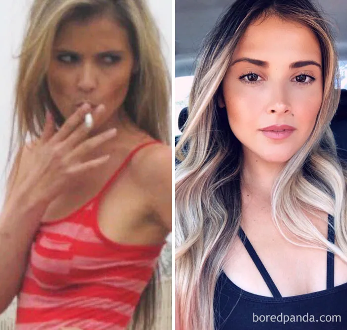 Before and after stopping drinking: Woman in red top smoking, then looking healthier in a black top with styled hair.