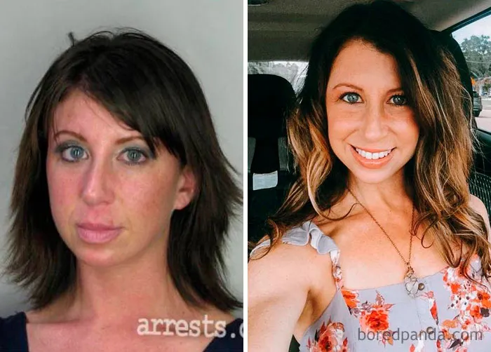 Before and after image of a woman's transformation after quitting drinking.