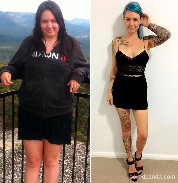 Before and after picture showing transformation after quitting drinking.