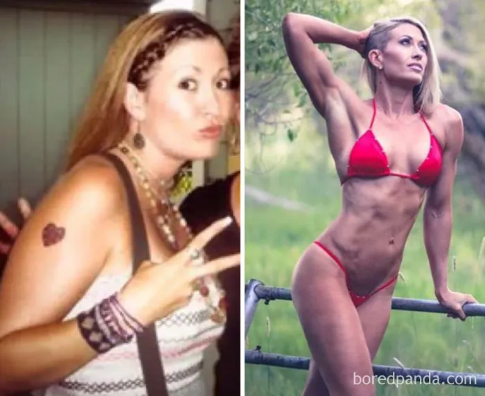 Before and after photo of a woman's transformation after quitting drinking, highlighting fitness improvement.