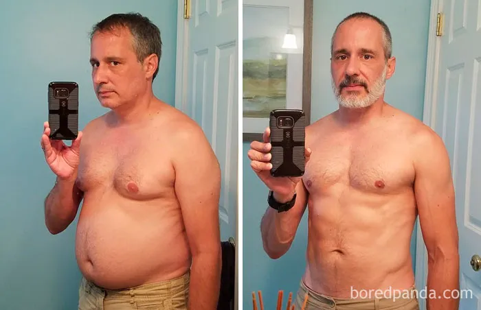Before and after comparison of a man showing physical transformation upon stopping drinking, visible in a mirror selfie.