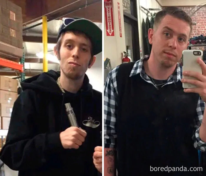 Before and after photos showing transformation when stopping drinking, highlighting health and appearance changes.