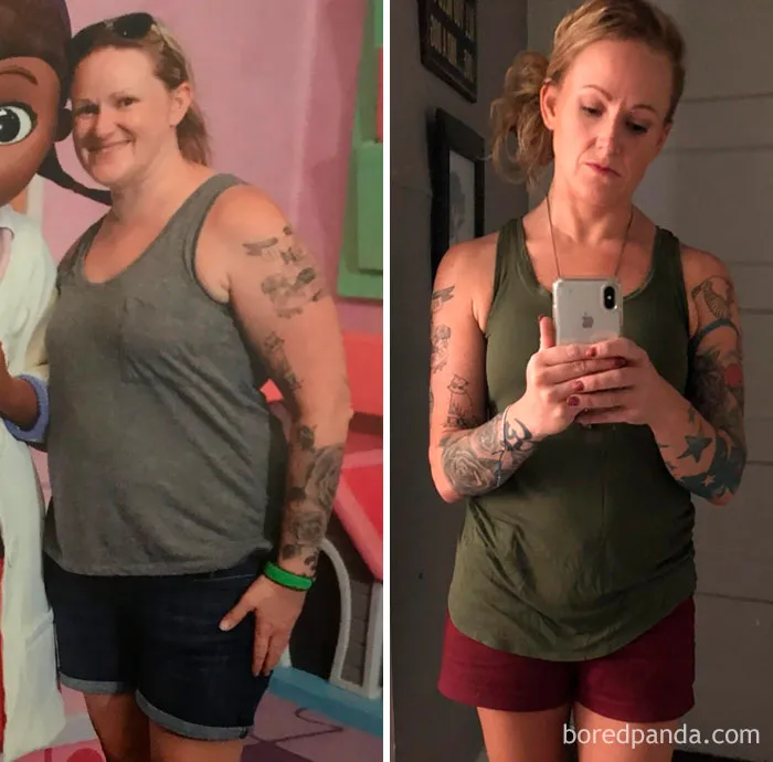 Before and after photos showing transformation after stopping drinking, with visible changes in appearance and health.