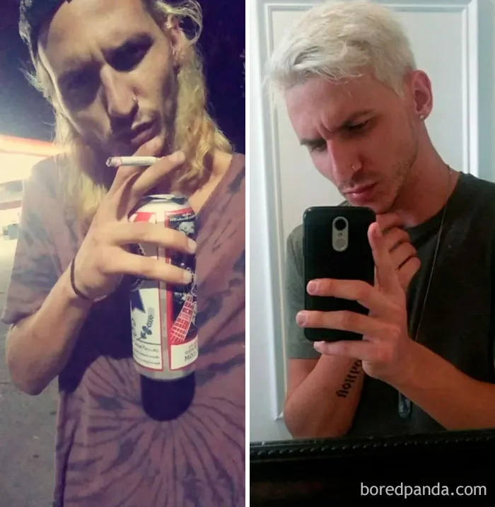 Before and after photos showing the impact of quitting drinking, highlighting personal transformation and health improvements.