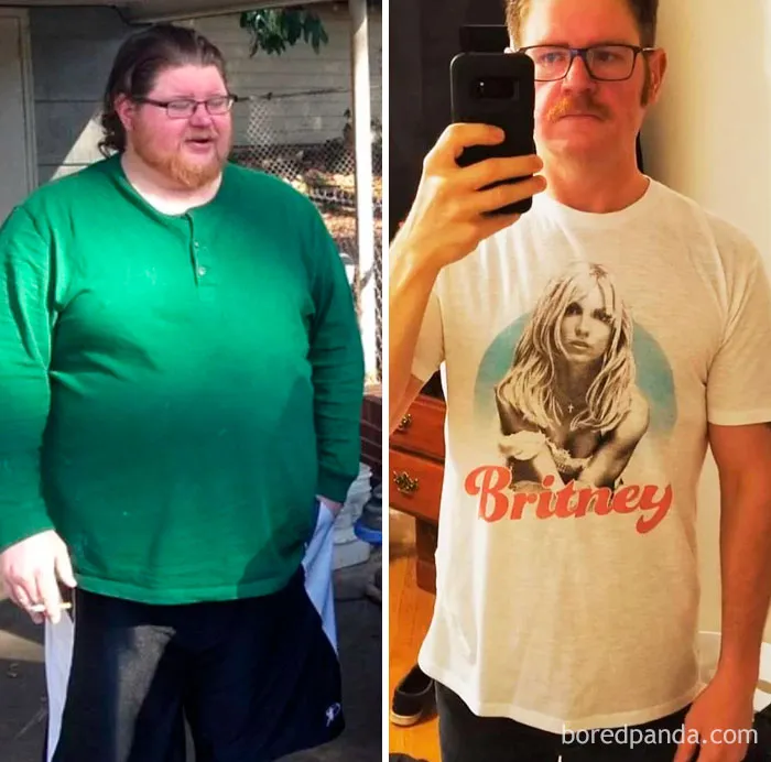 Before and after weight loss transformation after quitting drinking, with a man in green shirt and then in Britney T-shirt.